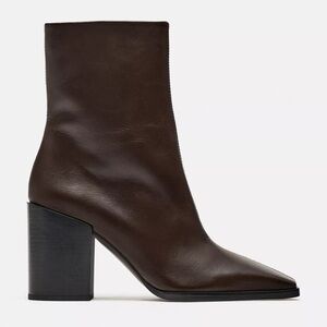 Zara Brown Block Heel Leather Ankle Boots